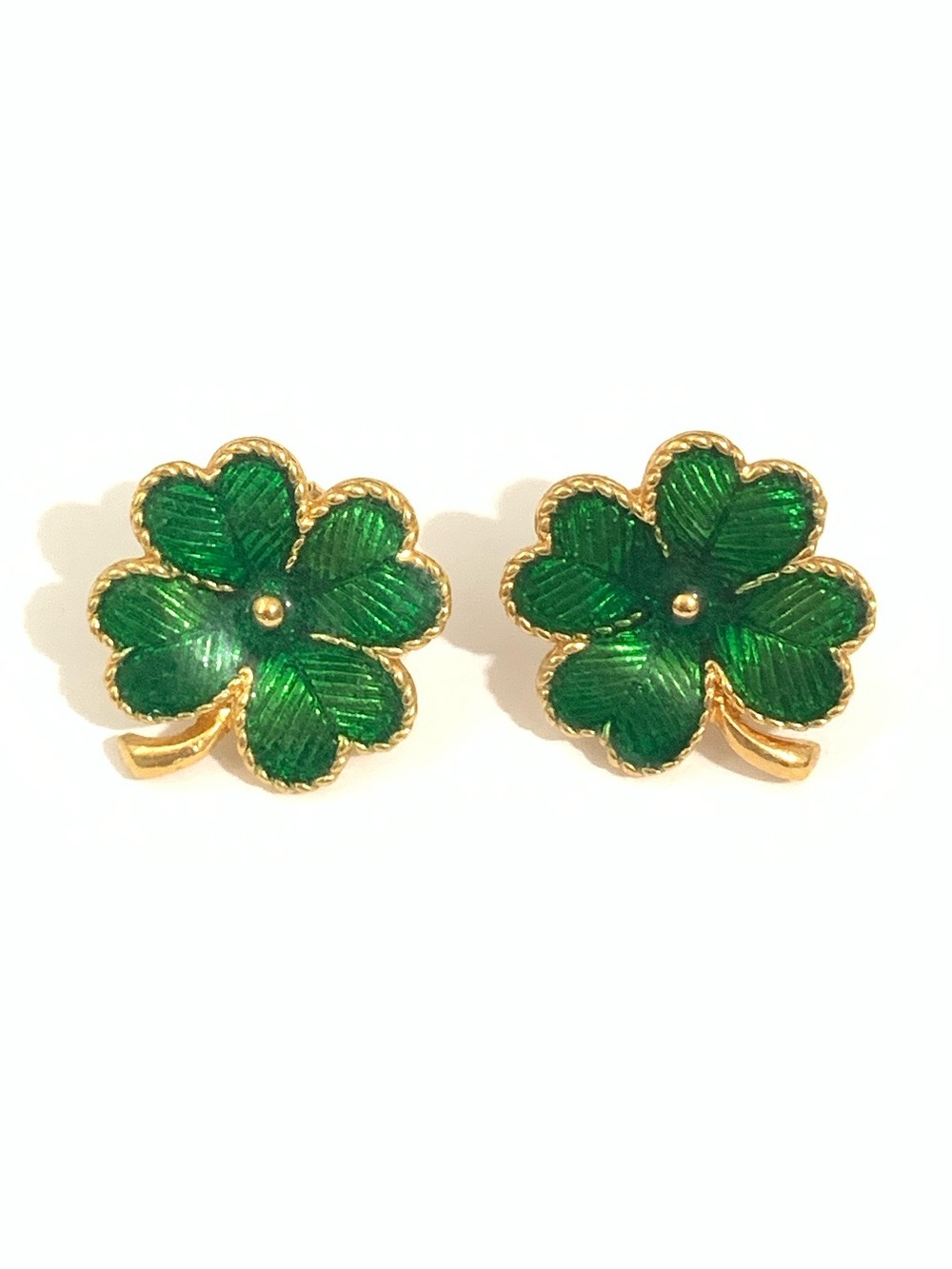 Avon Green Four-Leaf Clover Enamel Stud Earrings - Gold Accent